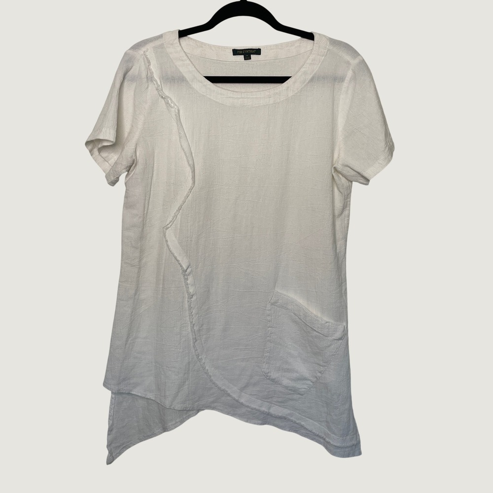 For Cynthia Tunic Top White Cotton Asymmetric Raw Hem Pocket Lagenlook Sz M